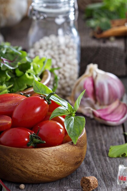 Tomatoes salad leaves beans and rice