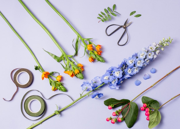 Tools and accessories florists need for making up a bouquet