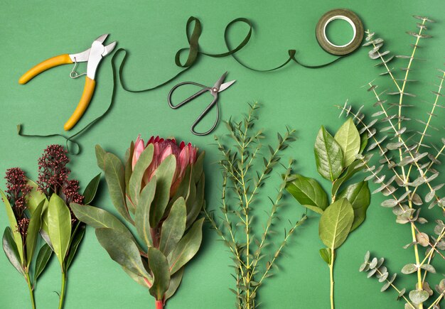 Tools and accessories florists need for making up a bouquet