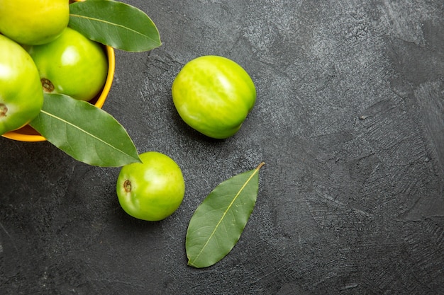 Top close view bucket of green tomatoes and bay leaves and tomatoes on dark table with copy space