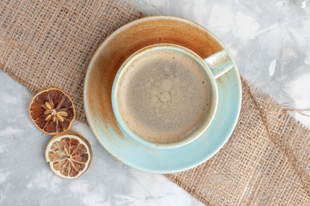 Top closer view cup of coffee with milk inside cup on white desk drink coffee milk espresso americano