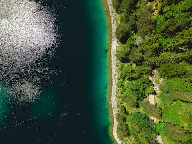 Free photo top down view of the banks of the eibsee in the bavarian alps