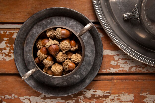 Top view acorns still life