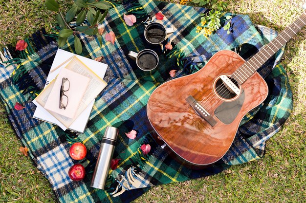 Top view acoustic guitar on picnic cloth