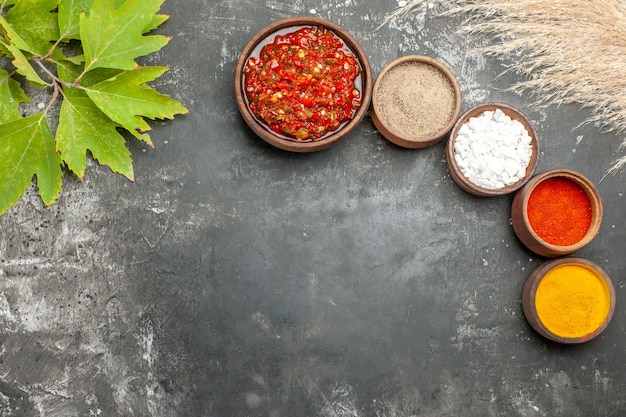 Free photo top view adjika different spices in small bowls on grey background