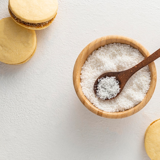 Top view of alfajores and coconut concept