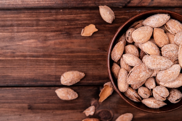 Top view of almonds in bowl