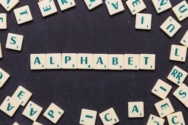 Top view of alphabet text with scrabble letters over black backdrop