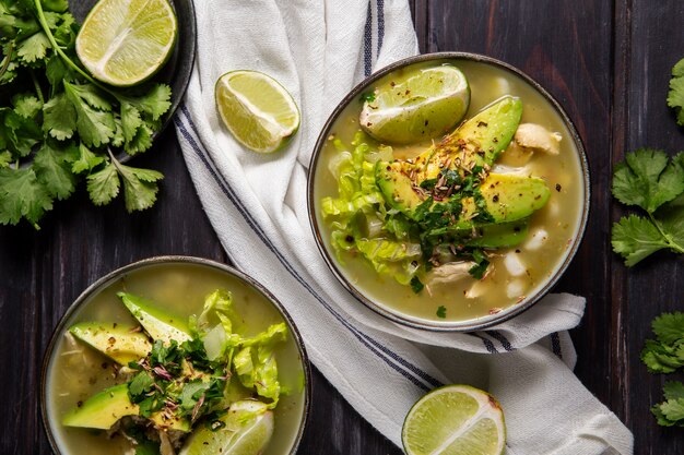 Top view on appetizing pozole bowl