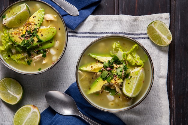 Free photo top view on appetizing pozole bowl