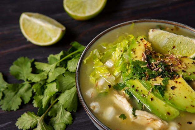 Free photo top view on appetizing pozole bowl