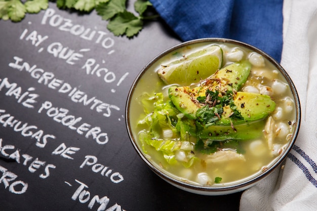 Free photo top view on appetizing pozole bowl