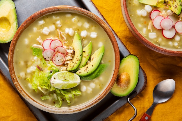 Top view on appetizing pozole bowl