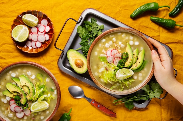 Top view on appetizing pozole bowl