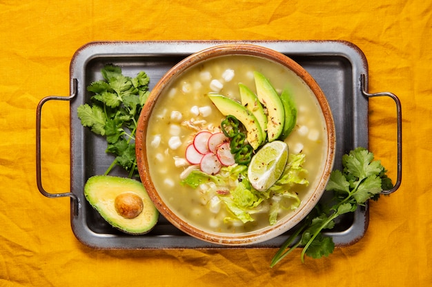 Top view on appetizing pozole bowl