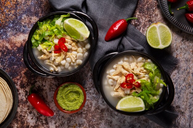 Top view on appetizing pozole bowl