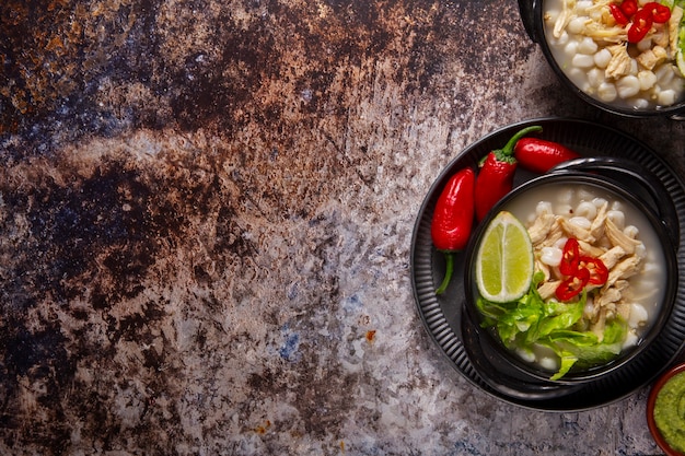 Free photo top view on appetizing pozole bowl