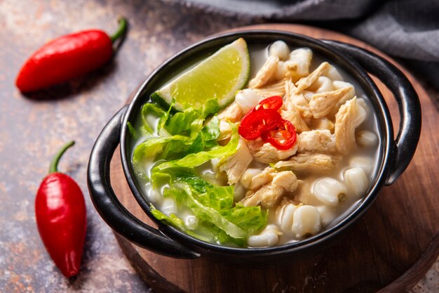 Top view on appetizing pozole bowl