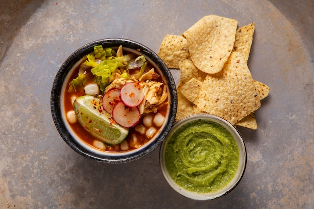 Free Photo top view on appetizing pozole bowl