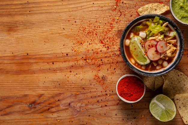 Free Photo top view on appetizing pozole bowl