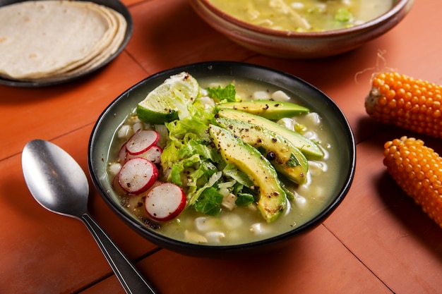 Top view on appetizing pozole bowl