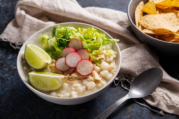 Top view on appetizing pozole bowl