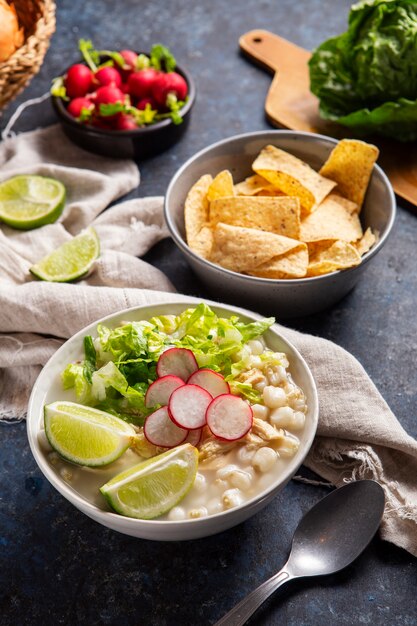 Top view on appetizing pozole bowl