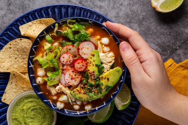 Free Photo top view on appetizing pozole bowl