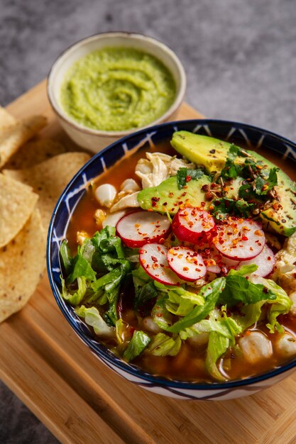 Top view on appetizing pozole bowl