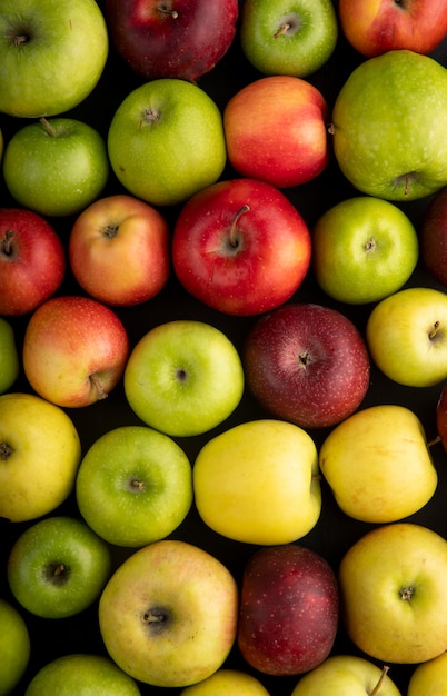 Top view apple mix green yellow and red apples