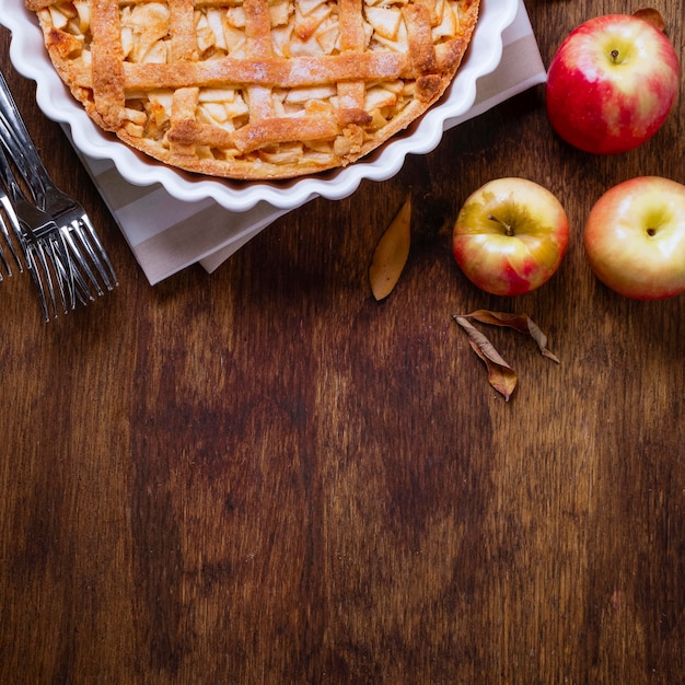 Top view of apple pie for thanksgiving with copy space