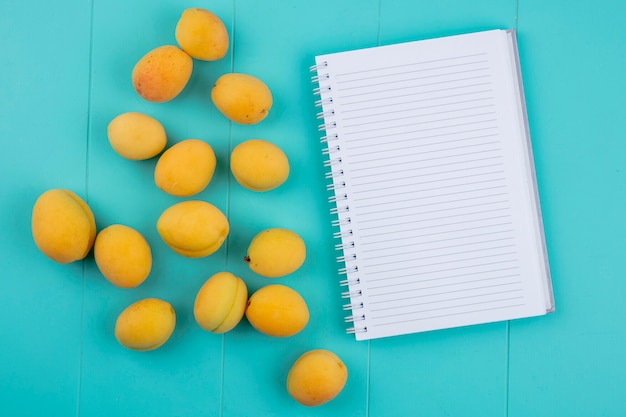 Top view of apricots in a bowl with a notebook on a blue surface