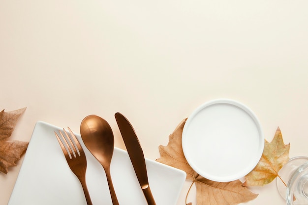 Free Photo top view arrangement of beautiful tableware with copy space