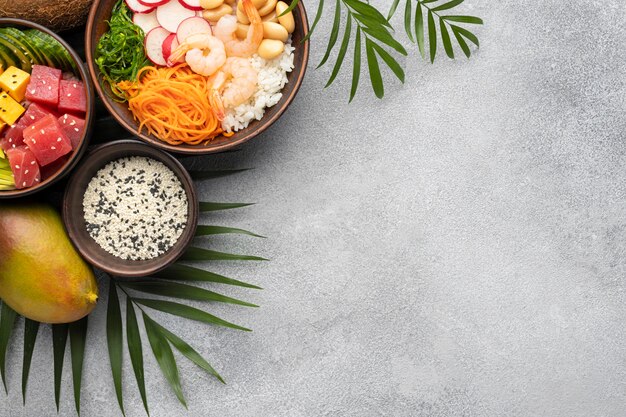 Top view arrangement of delicious poke bowl