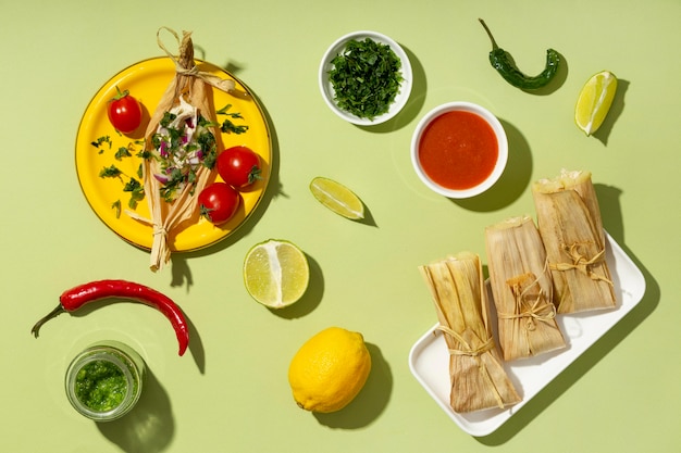 Free Photo top view arrangement of tamales ingredients