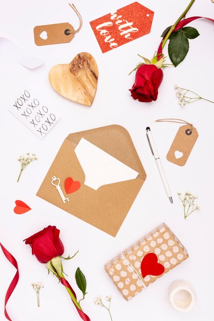 Top view arrangement with gifts on white background