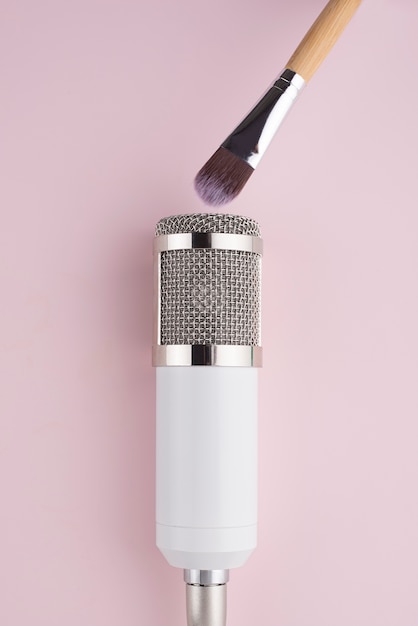 Top view of asmr microphone with make-up brush