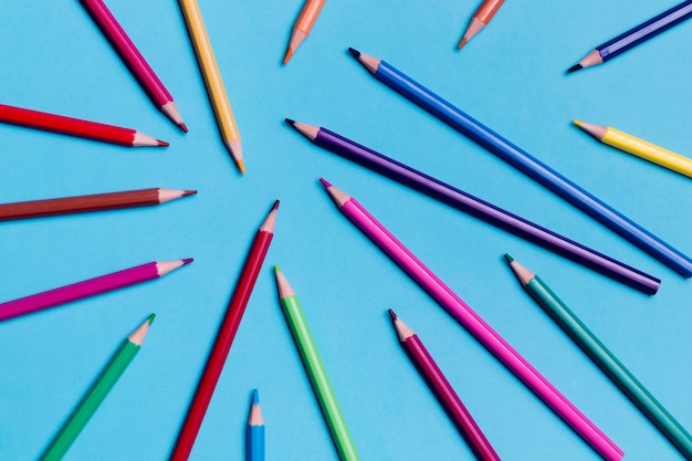 Top view assortment of colourful pencils