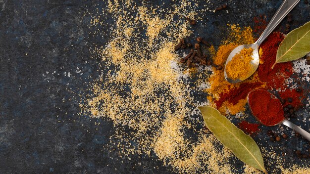 Top view assortment of delicious raw spices