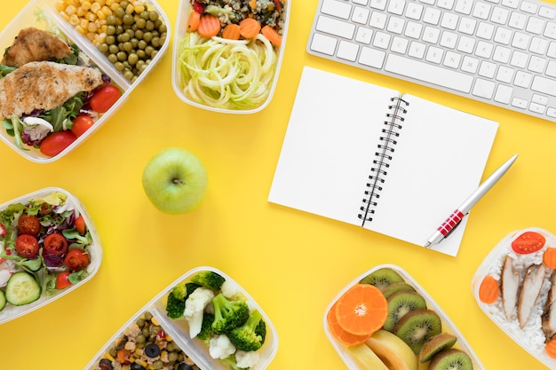 Top view assortment food with keyboard