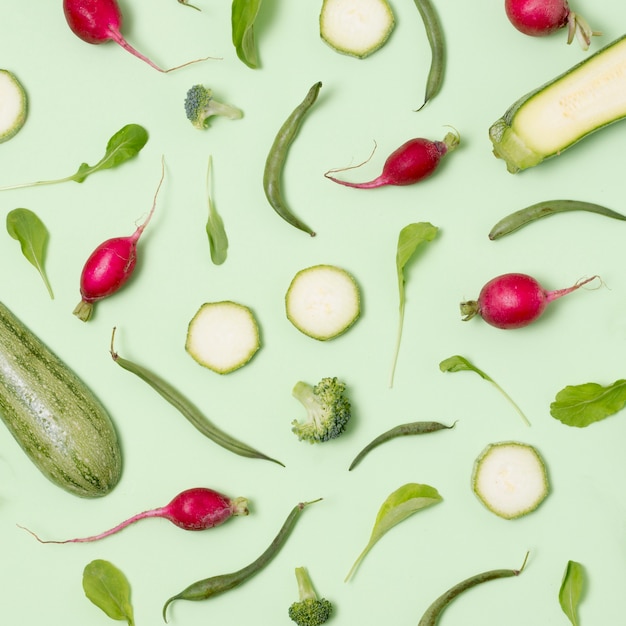 Top view assortment of fresh vegetables on the table