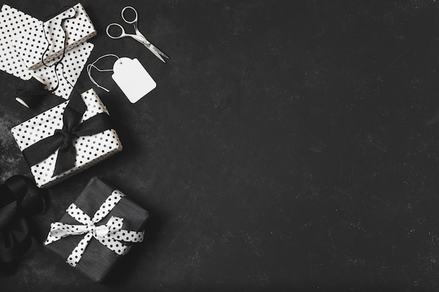 Top view of assortment of presents with copy space