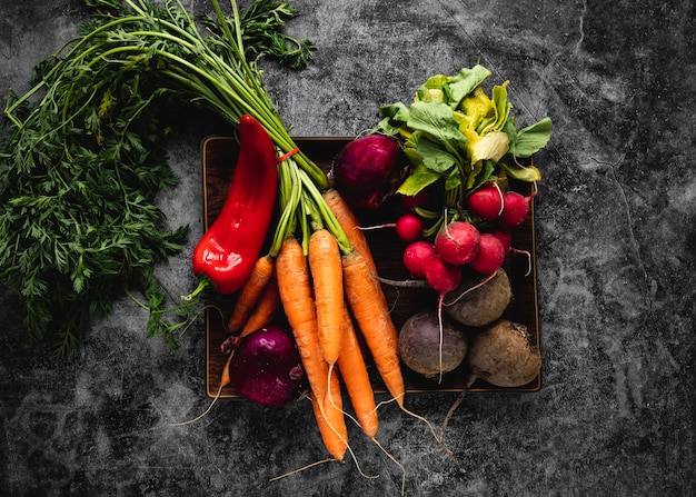 Top view assortment of veggies for salad