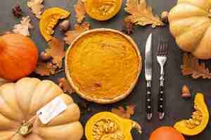 Free photo top view autumn assortment with pumpkins and pie