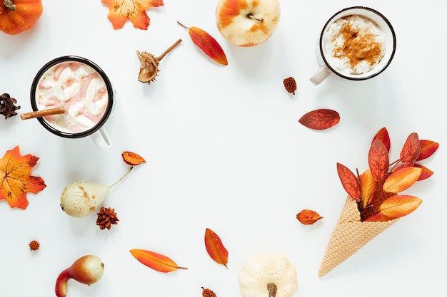 Top view autumn beverage with white background