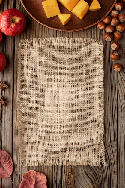 Top view autumn food copy space burlap fabric