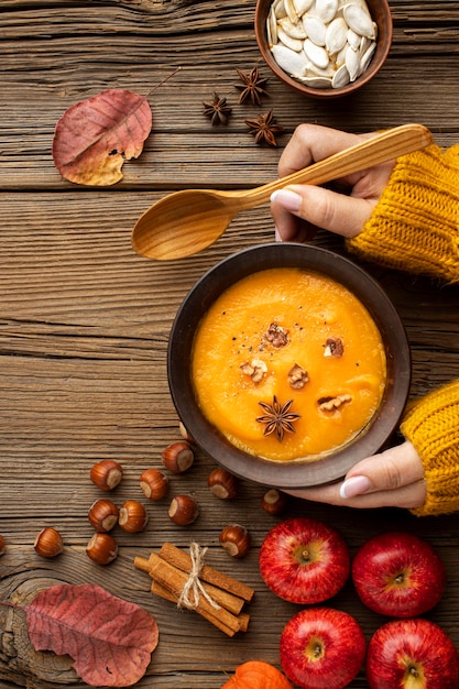 Free Photo top view autumn food pumpkin soup