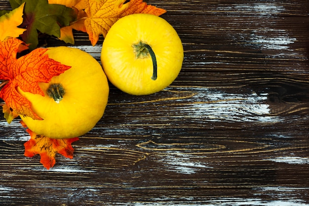 Top view autumn food with wooden background