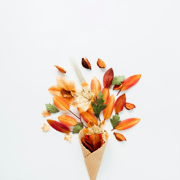 Free Photo top view autumn leaves in ice cream cone