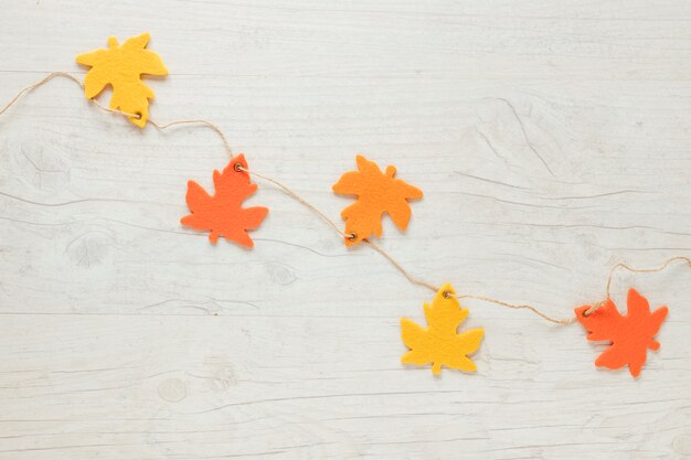 Top view autumn leaves ornaments on string